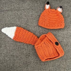 Brand New Crochet Newborn Baby Boy or Girl Fox Hat and Diaper Set, Handmade